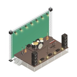 Truss construction of stage for street performance with audio amplifiers electric  guitars and percussion instruments isometric vector illustration 