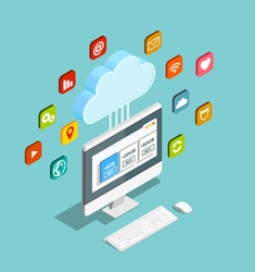 Cloud computing service concept providing storage networks servers applications isometric composition with monitor and apps symbols vector illustration 