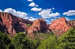 Red rocks in canyon forest. Red rocks in canyon. Canyon rocks. Red rock canyon landscape