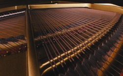 Interior of a grand piano, showing strings, hammers and red felt.
