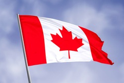 Canada flag isolated on sky background. close up waving flag of Canada. flag symbols of Canada.