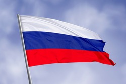 Russia flag isolated on sky background. close up waving flag of Russia. flag symbols of Russia.