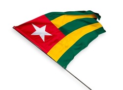 Togo's flag is isolated on a white background. flag symbols of Togo. close up of a Togolese flag waving in the wind.