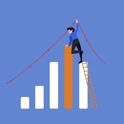 Business flat drawing businessman climbing up on ladder to adjust uptrend graph chart on wall. Depicts financial success, bullish stock market, good sales, profit, growth. Cartoon vector illustration