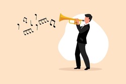 Business flat cartoon drawing man play trumpet. Music instrumental. Jazz musician playing trumpet instrument. Trumpet player. Orchestra performer. Music performance. Graphic design vector illustration