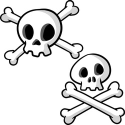 Human skull and crossbones. Dead man's head. Pirate flag Jolly Roger. Set of symbol of robbers and Halloween. Funny cartoon flat illustration