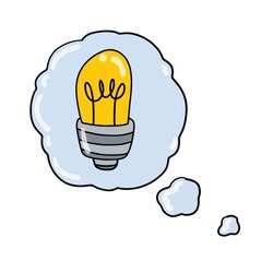 Light bulb. Bubble cloud with thoughts and idea. Mind and electric lamp. Hand drawn doodle illustration
