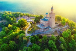 Aerial sunrise view of Tsarevets Fortress in Veliko Tarnovo in a beautiful summer day, Bulgaria 2018.
