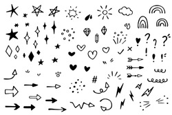 Vector set of different stars, sparkles, arrows, hearts, diamonds, signs and symbols. Hand drawn, doodle elements isolated on white background