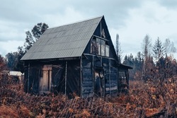 Atmospheric photography of a dark old abandoned house behind a broken fence overgrown with wild grass in autumn village