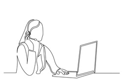Continuous line drawing. A young female customer service operator sitting in front of a computer with a headset. Drawing from the hands of a black thin line on a white background.