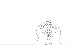 
Continuous line. heart in hands. cross and heart. symbol of medicine. Copy space. concept of care, health.