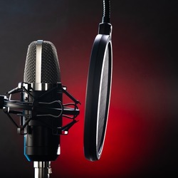 Professional studio microphone and pop filter on a beautiful red-black background. Close-up. Vocals, conversational genre, debates, recording studio, professional clear sound.