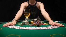 Background for gaming casino, poker tables, cards, chips and girls Background for gaming business, success