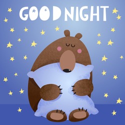 Good night vector cartoon illustration with cute bear sleeping on a pillow. Hand drawn letters with stars. Clip-art for kids.