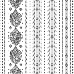 Black and white floral seamless pattern with ornamental stripes. Traditional oriental motifs. Vector ornament template. Decorative paisley elements. Great for fabric and textile.