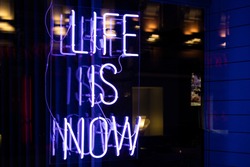 Neon Sign Glowing At Night Behind Glass: Life Is Now.