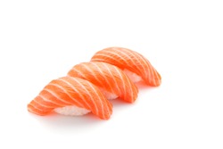 Salmon sushi nigiri isolated on white background.
