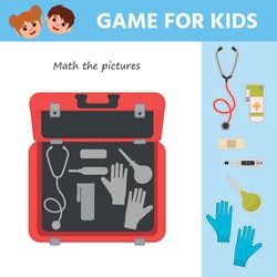Educational children game. Math the picture. Doctor's suitcase with medicines. Development of children's education. Vector cartoon illustration