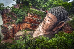 View of the Buddha statue in Leshan, China. Leshan Buddha is the world's largest statue of Buddha, whose height is 71 meters.