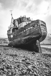 
Old ship wreck on beach near Corpach village, Fort William, Scotland, United Kingdom The 'Old boat of Corpach
