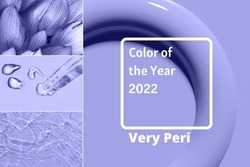 collage of color of the year 2022 trend inspiration with abstract background, leaves and pipette with text