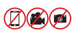 Prohibition  no camera, no mobile phone and no video recording signboard  on white background.vector
