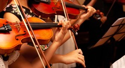 Row, group of anonymous violin players, children, people playing, bows in hands, stands in front, closeup. Classical music concert simple performance kids orchestra string section / quartet performing