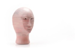 Meme man 3d printed head plastic model, object isolated on white background, cut out, 3D print technology product, surreal internet memes modern web culture symbol simple abstract concept, nobody