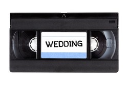 Old classic traditional VHS cassette tape archival wedding recording family souvenir 80s 90s self recorded movie, video media storage device, top view, front, isolated on white, object cut out, nobody