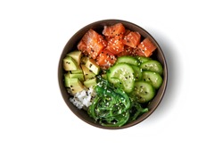 poke bowl with salmon islated on white background. top view