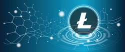 Litecoin symbol with crypto currency themed background design. Modern neon color banner for Lite coin or LTC icon. Cryptocurrency Blockchain technology, digital innovation & trade exchange concept.