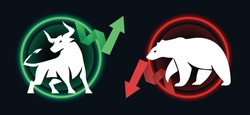 Bull or bullish run; Bear or bearish market trend in crypto currency or stocks. Trade exchange, green up or red down arrows graph. Stock market price chart. Neon circle frame. Vector Illustration
