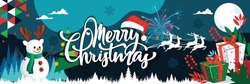 Merry Christmas banner with winter theme snow design background. Christmas calligraphy with Santa hat snowman reindeers and red green blue gifts with Snowflakes pine trees. Vector Illustration.