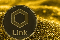 Coin cryptocurrency Link and gold fabric background. Chailink logo.