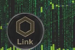 token chainlink link  cryptocurrency on the green matrix background of binary crypto price chart.