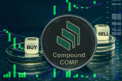 The coin cryptocurrency COMP token stack of coins and dice. Exchange chart Compound to buy, sell, hold.