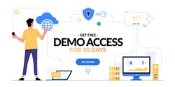Get free demo access to SaaS, PaaS or IaaS promotional advertising banner. Man looking on cloud computing services scheme and get started CTA button isolated on white. Optimization of business process