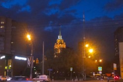 Blurred image of Moscow, Russia. View of Moscow Hotel, at blue hour.