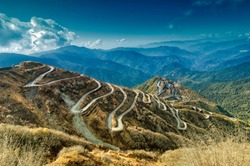 Beautiful Curvy roads on Old Silk Route, past Silk trading route between China and India, Sikkim. This is now part of One belt one road project (OBOR) connecting China with Asia and Europe. 