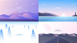 Set of 4 landscapes in flat minimalist style. Forest and mountains, sunset scene with lighthouse, misty peaks, road in perspective with hills. Website or game templates. Summer scene. Tourism concept