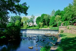 Scenic view of Charles River and waterfall in South Natick Dam Park Natick Massachusetts USA