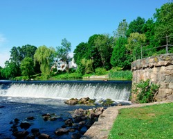 Beautiful view of Charles River and waterfall in South Natick Dam Park Natick Massachusetts USA