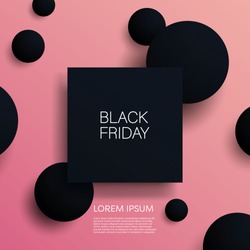 Black friday sale 3d vector illustration banner template with black objects on pink background. Sales promotion, special offers and deals advertising. Eps10 vector illustration.