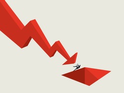 Business and financial crisis and depression vector concept with businessman pushed into hole by downward arrow. Symbol of stock crash, recession and losses. Eps10 illustration.