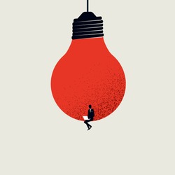 Content creation, creative person vector concept. Man sitting in lighbulb with laptop. Symbol of creativity, writing, blogging, copywriting. Eps10 illustration.