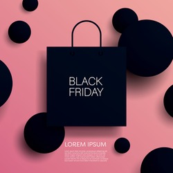 Black Friday vector banner or poster with modern dark 3D geometry design, shopping bag symbol. Discount, special offers promotion, shopping advertisement. Eps10 illustration.