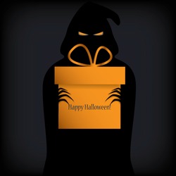 Ghost holding Halloween gift box. Eps10 vector illustration.