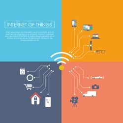 Internet of things concept vector illustration with icons for smart things in household, technology, communication. Eps10 vector illustration