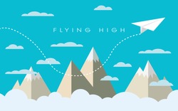Paper plane flying over mountains between clouds. Modern polygonal shapes background, low poly. Business concept design. Eps10 vector illustration